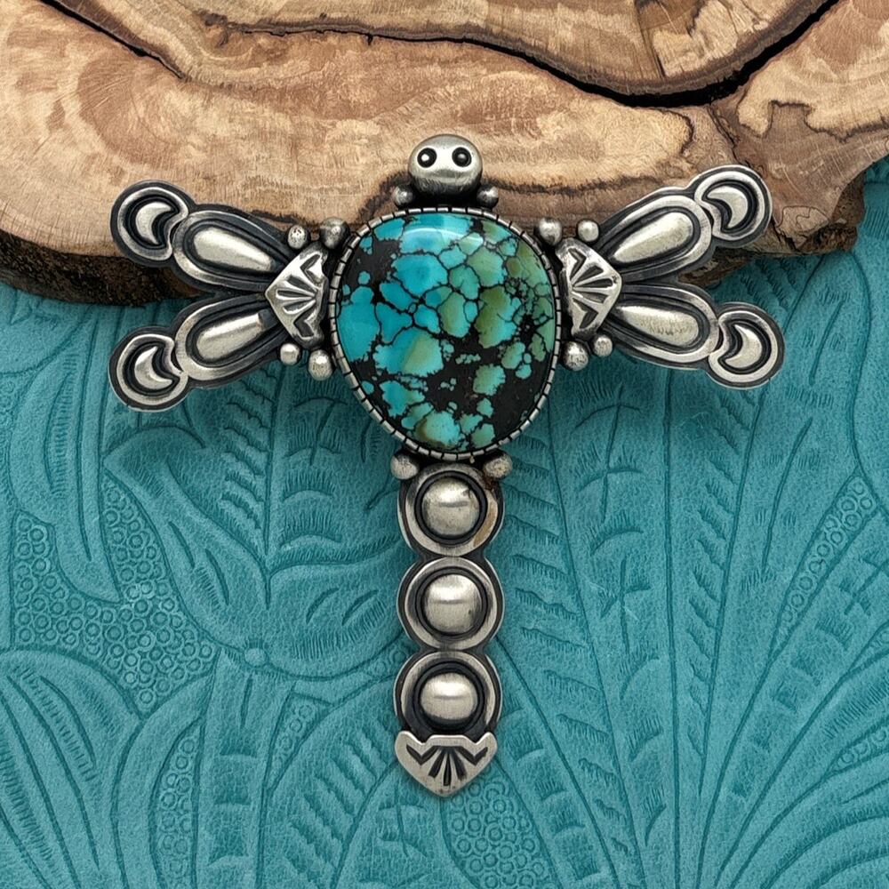 DARRIN LIVINGSTON Navajo Sterling Silver & Hubei Turquoise Dragonfly Pin Pendant